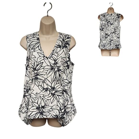 Ellen Tracy V-Neck Asymmetric Hem Multicolor White & Black Blouse Size Medium - Picture 1 of 5